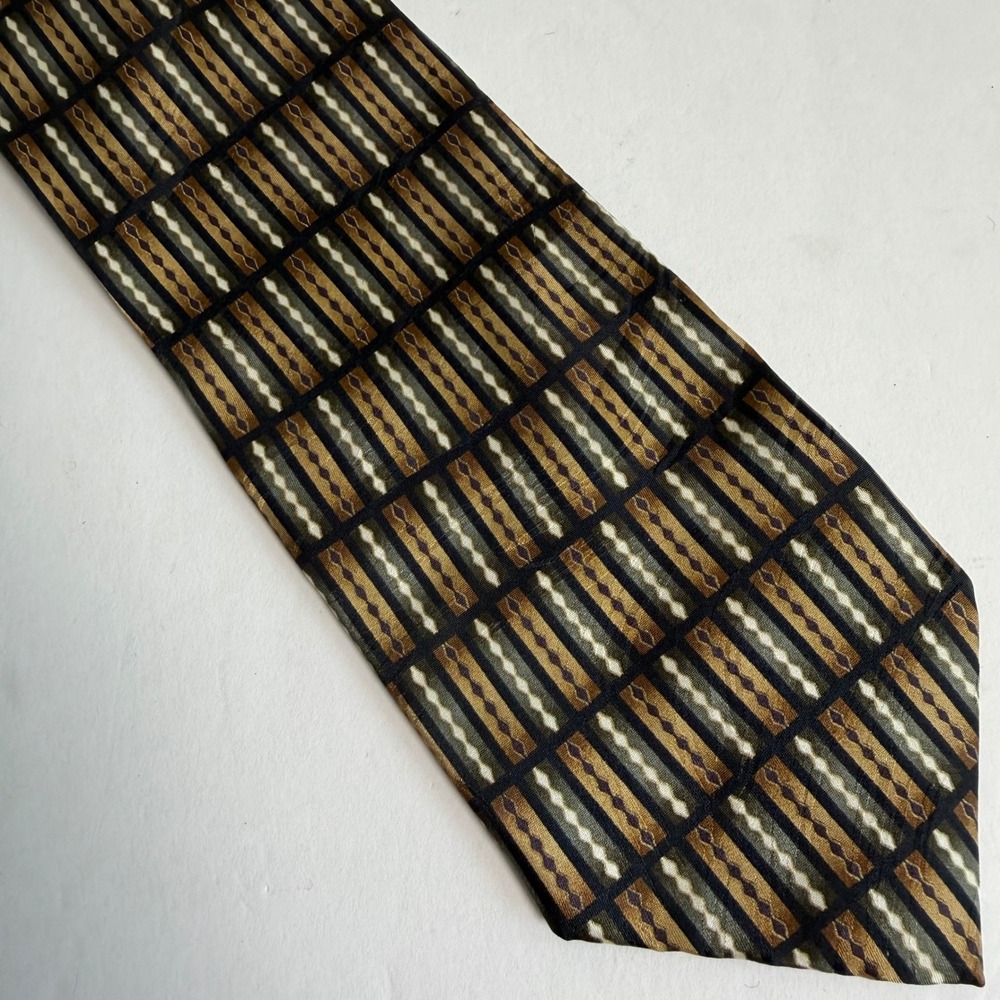 Vintage 90s Silk Necktie Geometric Grid Stripe Brown Black Gold Retro‎ Office